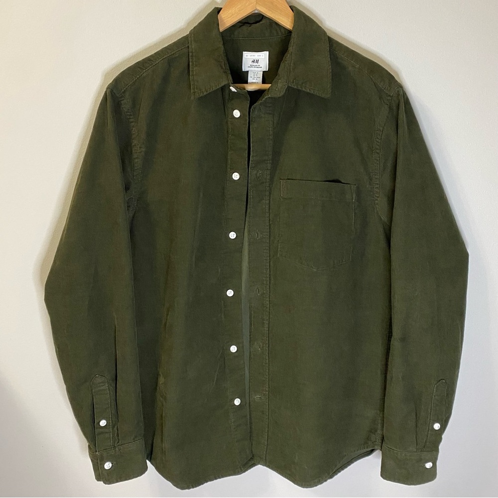 H&M Corduroy Shirt - Olive Green Button Down Long Sleeves
